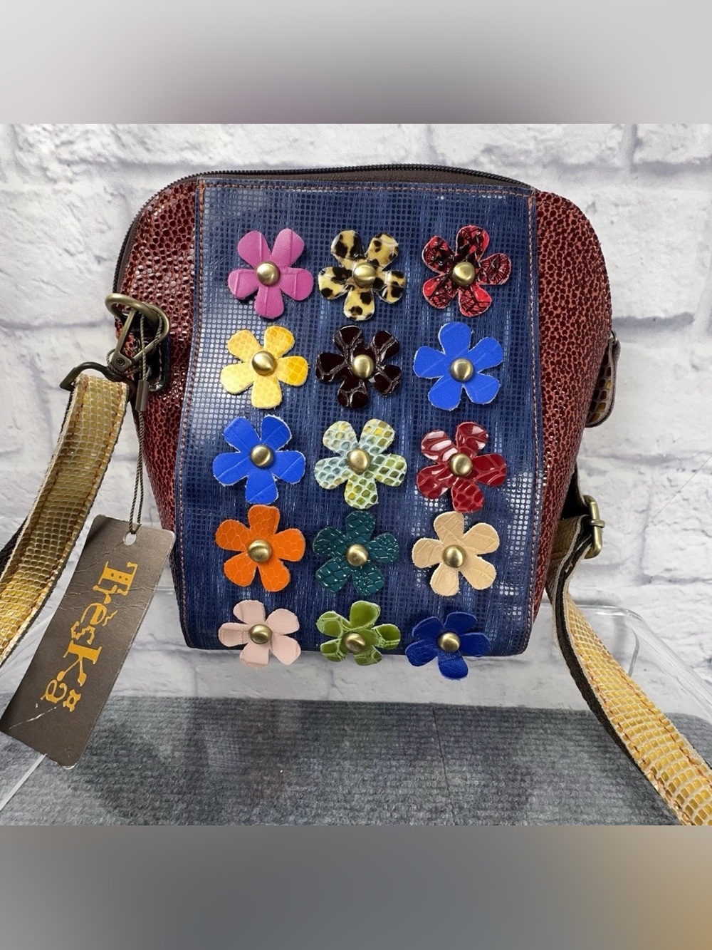 NWT Treska Leather Floral Applique Crossbody Shoulder Bag Boho Artisan Colorful